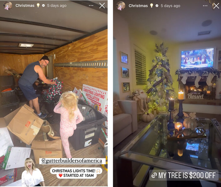 Gretchen Rossi's family takes Christmas decorations from a shed; Gretchen's Christmas tree.