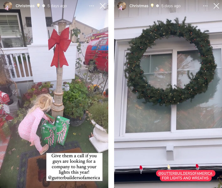Instagram stories of Gretchen Rossi's daughter setting up Christmas decorations and a wreath.
