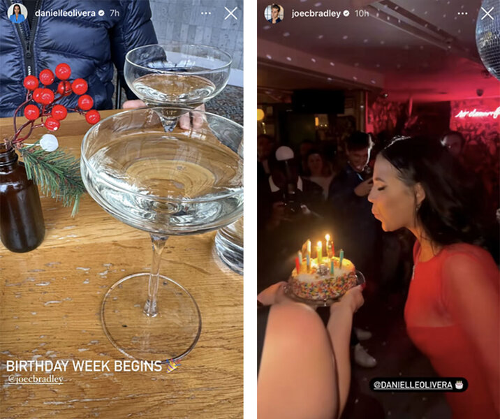 A split of Danielle Olivera's birthday celebration including cocktails and cake with Joe Bradley.