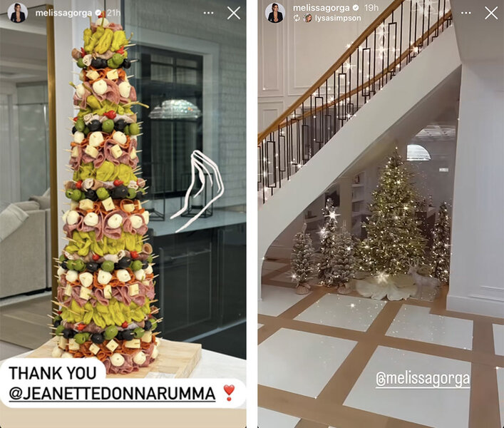 A split of Melissa Gorga's skewer tower appetizer and Christmas tree decor.