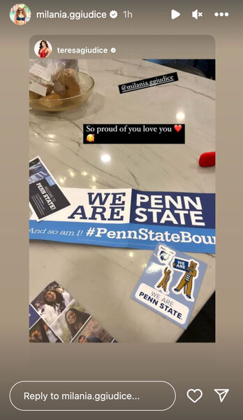 Teresa Giudice puts Penn Stage signage on her kitchen counter celebrating Milania's acceptance to the school.
