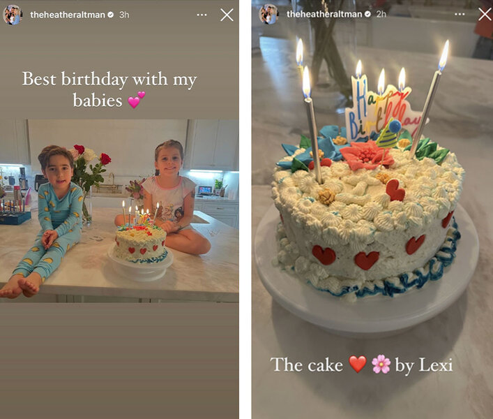 A split of Heather Altman's son and daughter and a birthday cake on a kitchen counter.