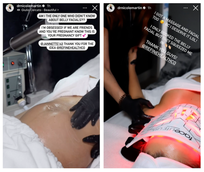 A split of Nicole Martin having a belly facial done during her pregnancy.