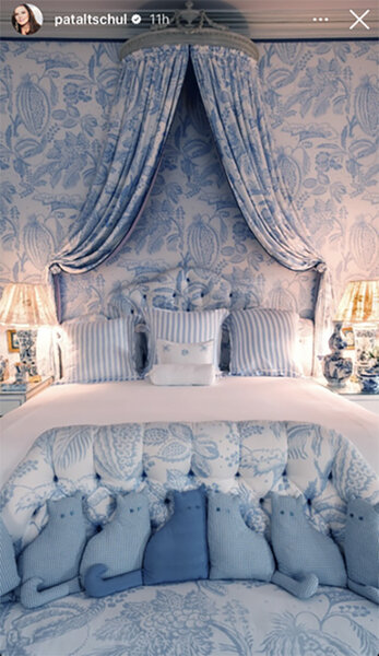 Patricia Altschul's blue, patterned, bedroom.
