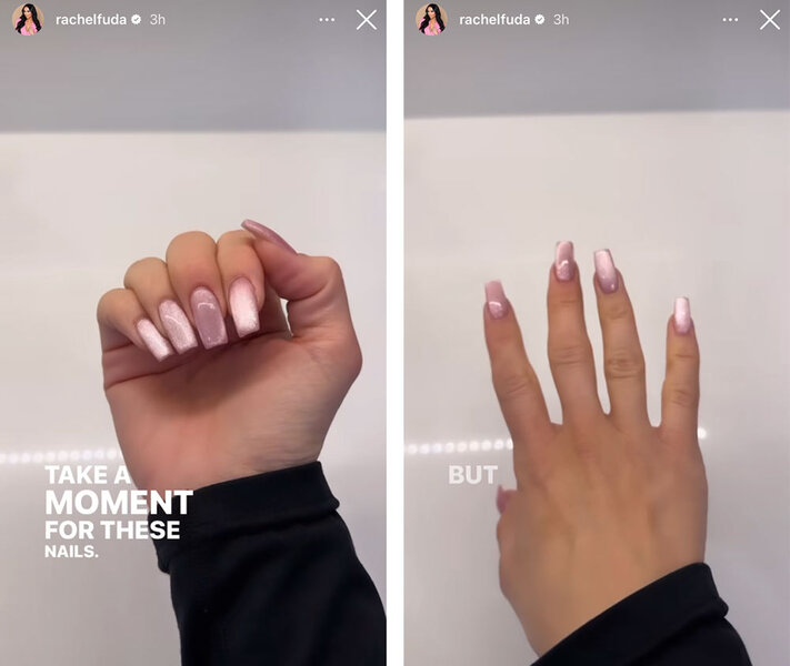 A split of Rachel Fuda showing her pink, shimmery, manicure.