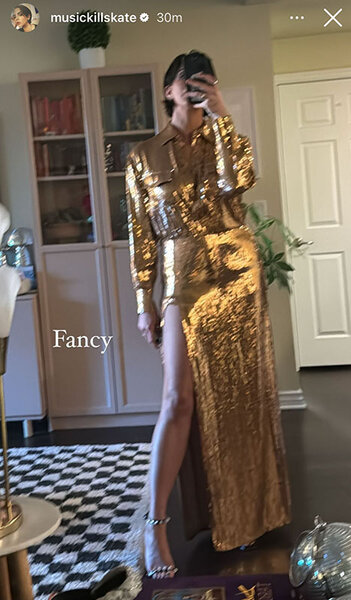 Katie Maloney shows her gold, sequins, outfit for the Emmys.