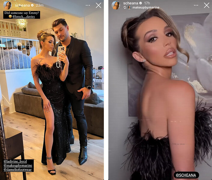 A split of Scheana Shay and Brock Davies showing their Emmys fashion.