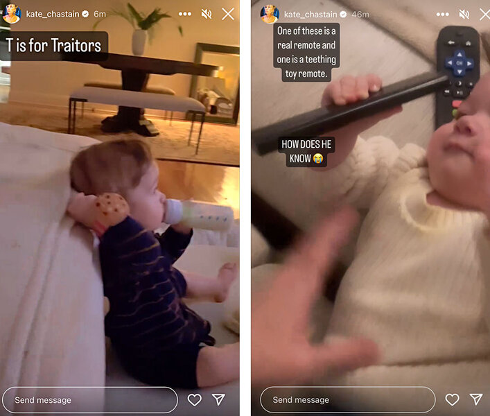 Kate Chastain's son, Sullivan Kay, is seen sitting on the couch, playing with a remote and watching The Traitors.