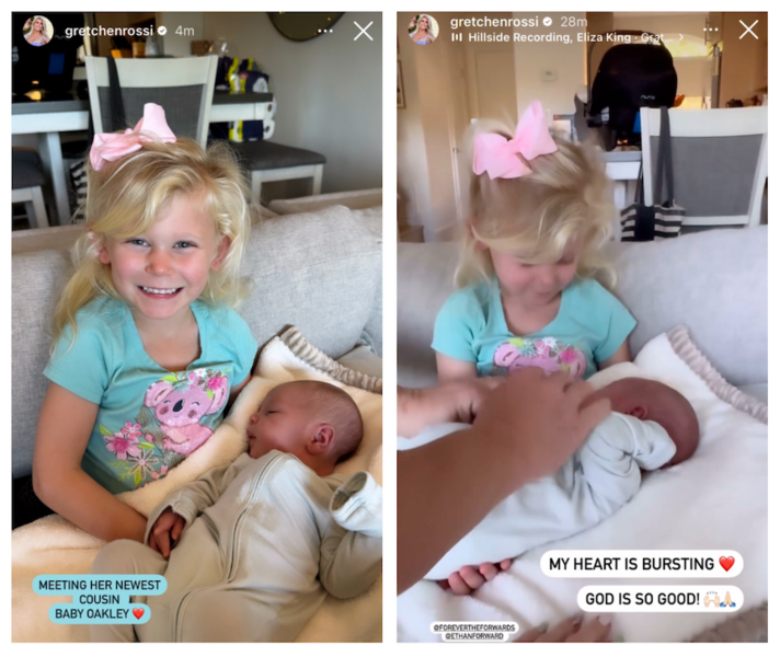 A series of Gretchen Rossi's daughter Skylar meeting her baby nephew for the first time