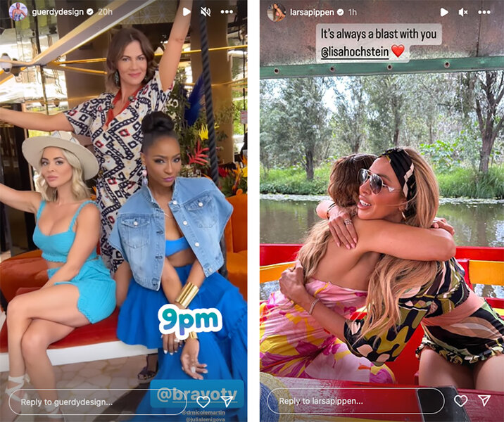 A split of Nicole Martin, Julia Lemigova, and Guerdy Abraira posing together and Larsa Pippen and Lisa Hochstein hugging in Xochimilco, Mexico City, Mexico.