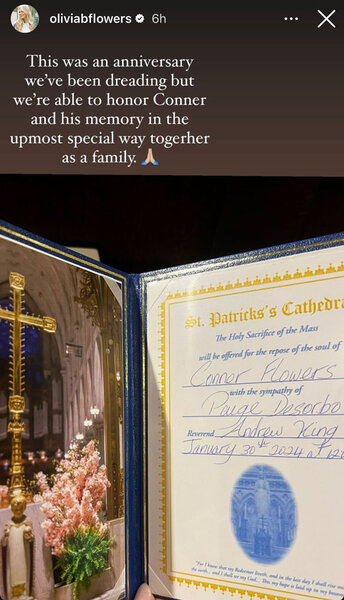 A mass card from St. Patricks Cathedral commemorating Connor Flowers death anniversary.