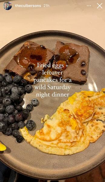 Briana Culberson's plate of breakfast made up of pancakes, eggs, and blueberries.