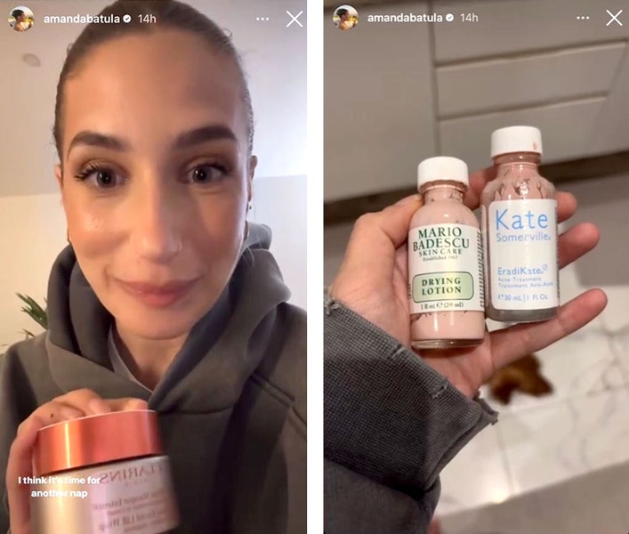 A series of Amanda Batula showing her skincare products.