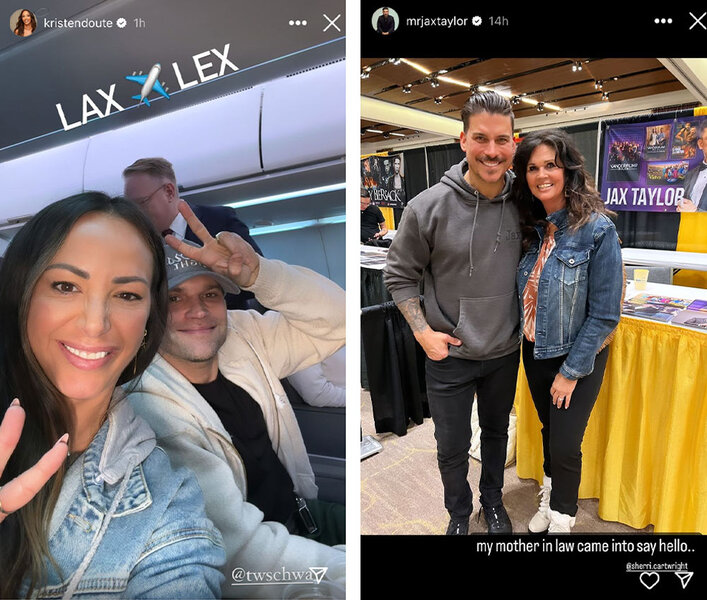 A series of Kristen Doute and Tom Schwartz on a plane together and Jax Taylor with his mother in law at Comi-con in Kentucky