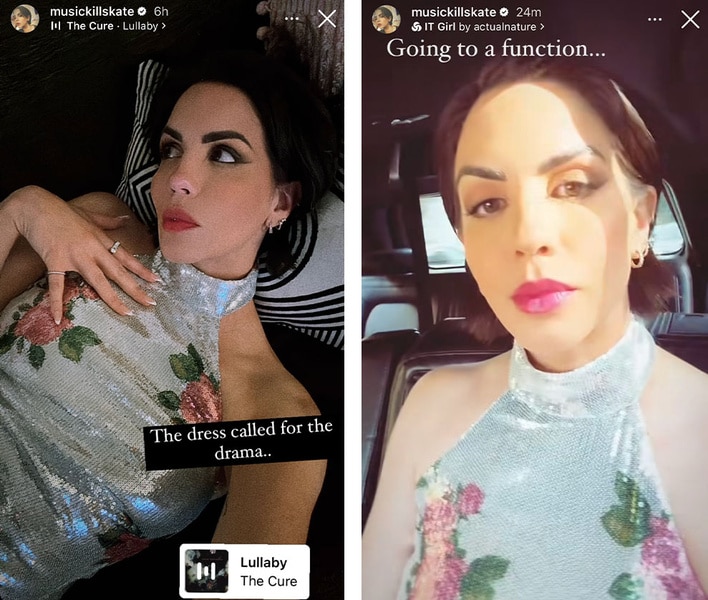Katie Maloney takes two selfies in a silver shimmery dress with floral details