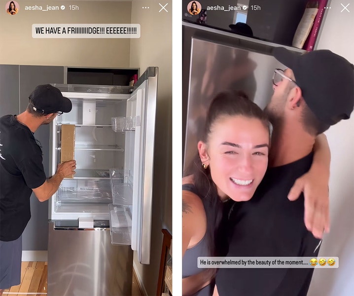 A split of Aesha Scott showing her fridge and hugging Scotty Dobbo in their kitchen.
