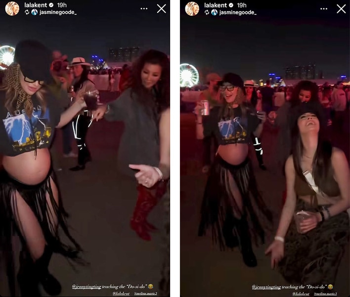 A split of Lala Kent dancing with friends wearing a crop top.