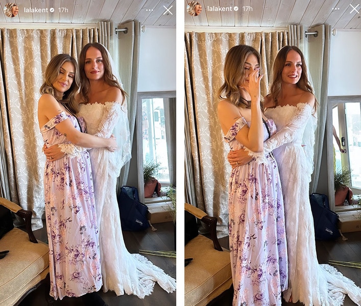 Lala Kent wearing a floral print gown with her friend who's getting married.