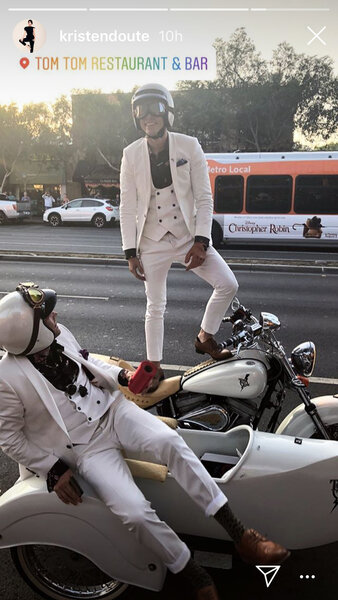 Tom Sandoval and Tom Schwartz in a motorcycle and sidecar