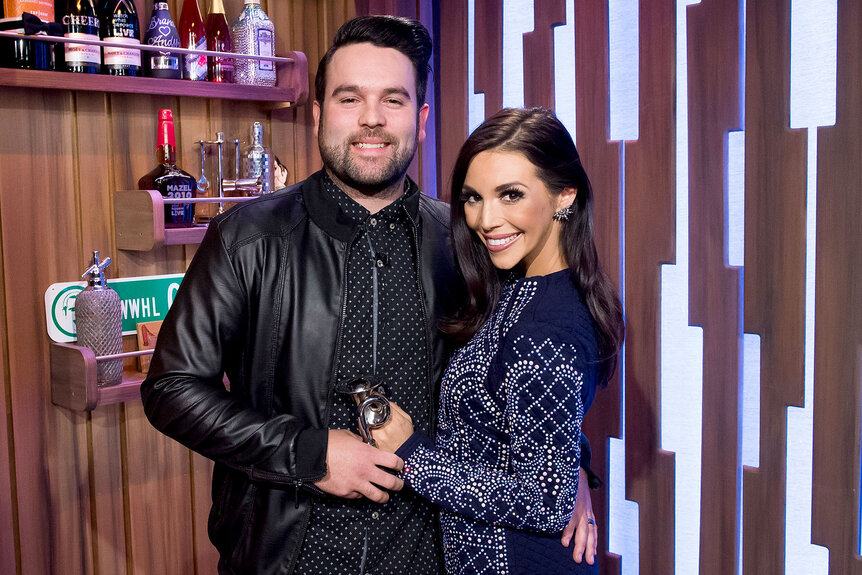 Scheana Shay and Mike Shay hugging at the Watch What Happens Live clubhouse in New York City.
