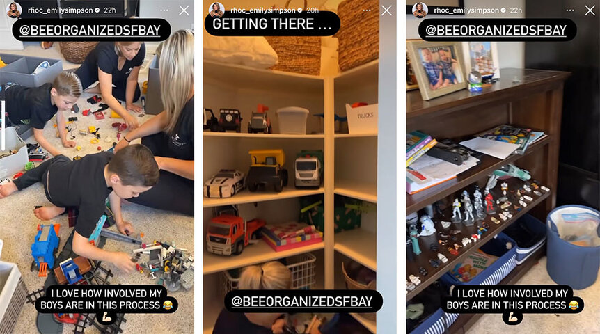 A split image of toys being cleaned up and shelves being organized.