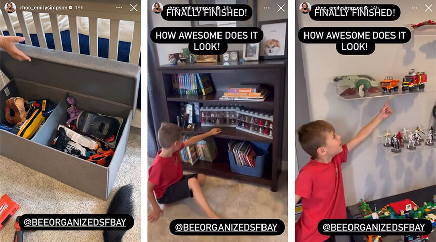 A split image of Emily's son showing the organized room.