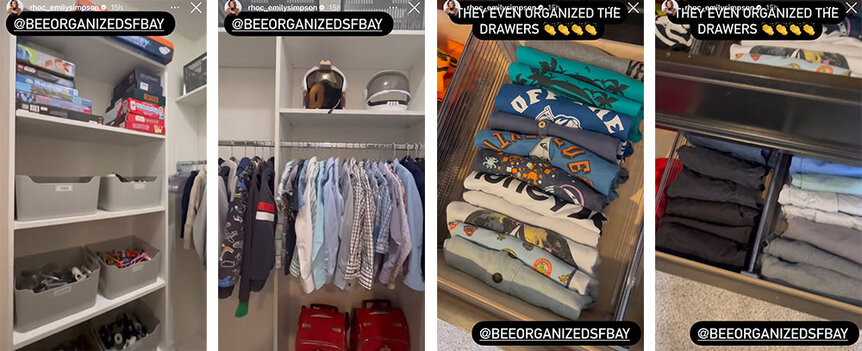 A split image of organized closets and srawers.
