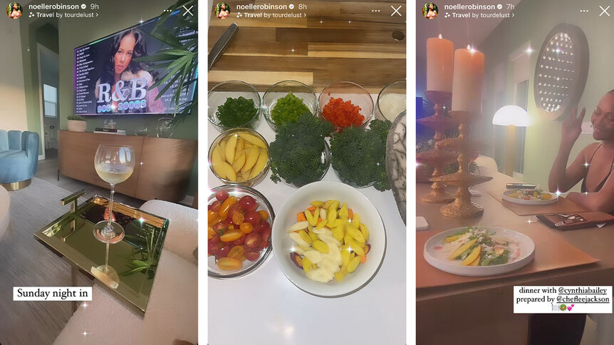 A split screen image featuring food and drinks from Noelle Robinson's instagram story