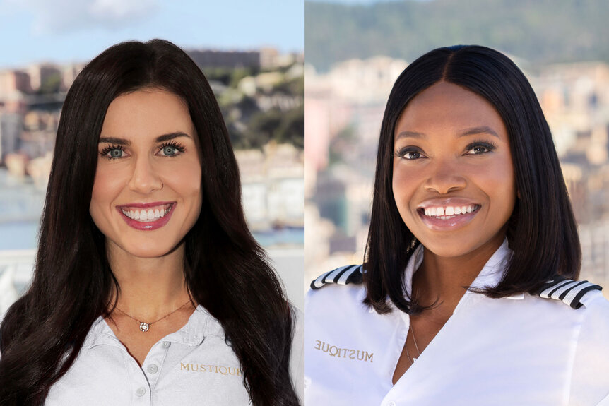 Split of Natalya Scudder and Tumi Mhlongo wearing their charter uniforms on a yacht.