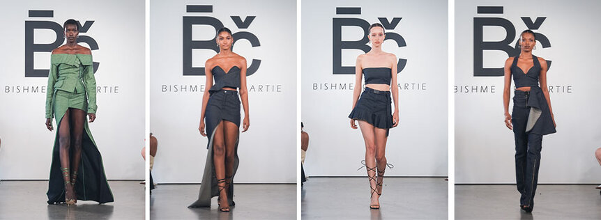A split of Bishme Cromartie's green and black NYFW designs on the runway at Spring Studios in New York.
