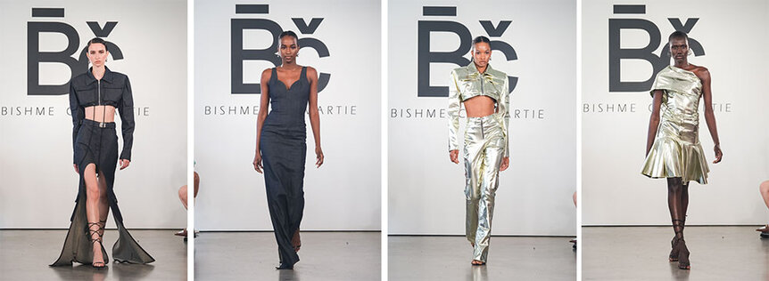 A split of Bishme Cromartie's pewter and black NYFW designs on the runway at Spring Studios in New York.