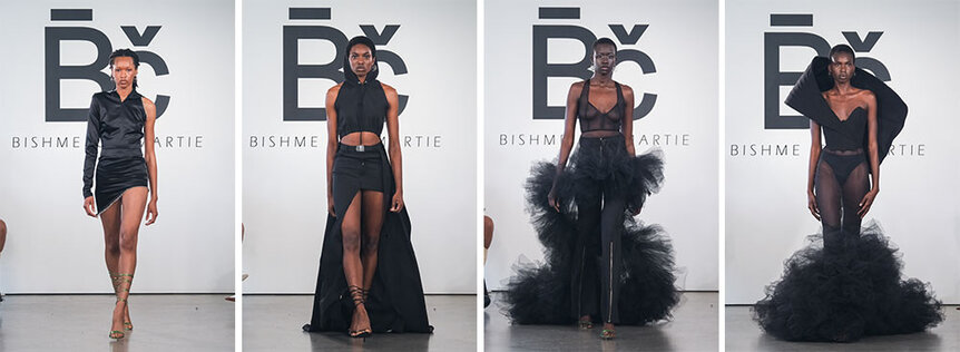 A split of Bishme Cromartie's NYFW designs on the runway at Spring Studios in New York.