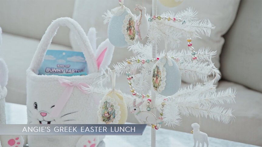Easter bunny baskets and decor on a table.
