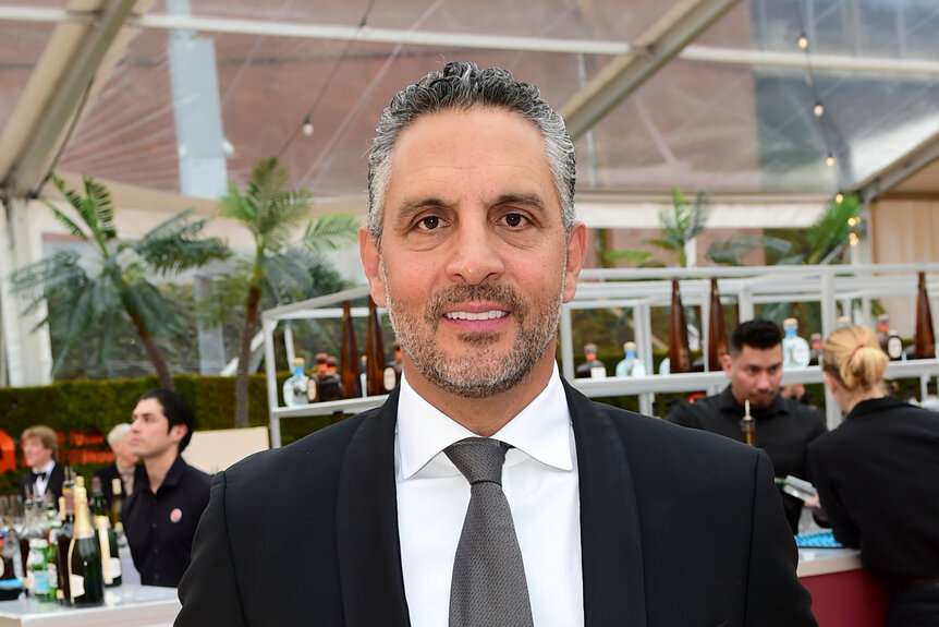 Mauricio Umansky wearing a black suit at the Elton John AIDS Foundation viewing party.