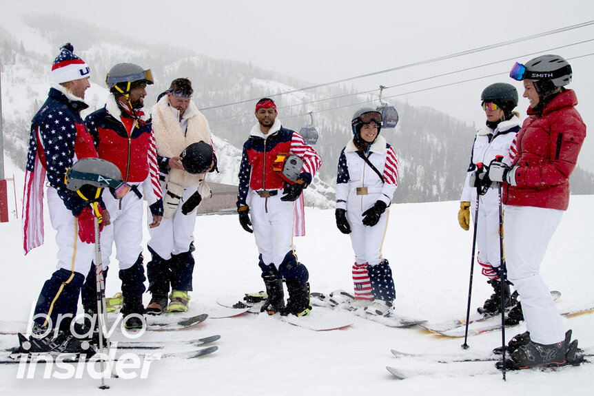 Kyle Cooke, Casey Craig, Kory Keefer, Brian Benni, Malia White, Katie Flood, Jason Cameron and Captain Sandy Yawn, all wearing skis and hanging out while at a ski resort.