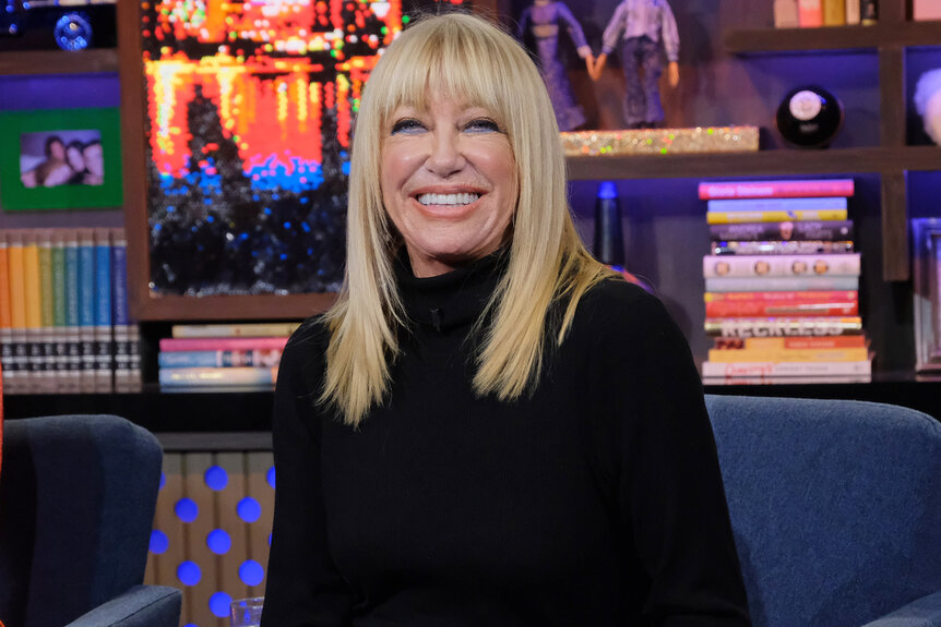 Suzanne Somers wearing a black turtleneck as a guest on WWHL.