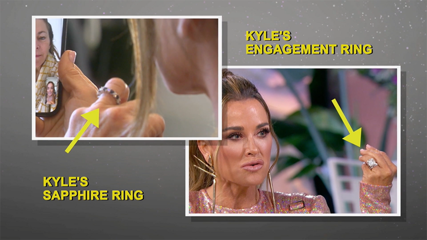 A collage of Kyle Richards' sapphire and engagement rings.