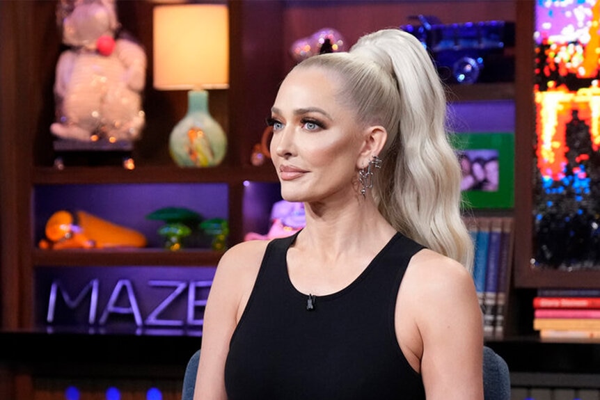 Erika Jayne appears in a black dress and high ponytail Watch What Happens Live with Andy Cohen.