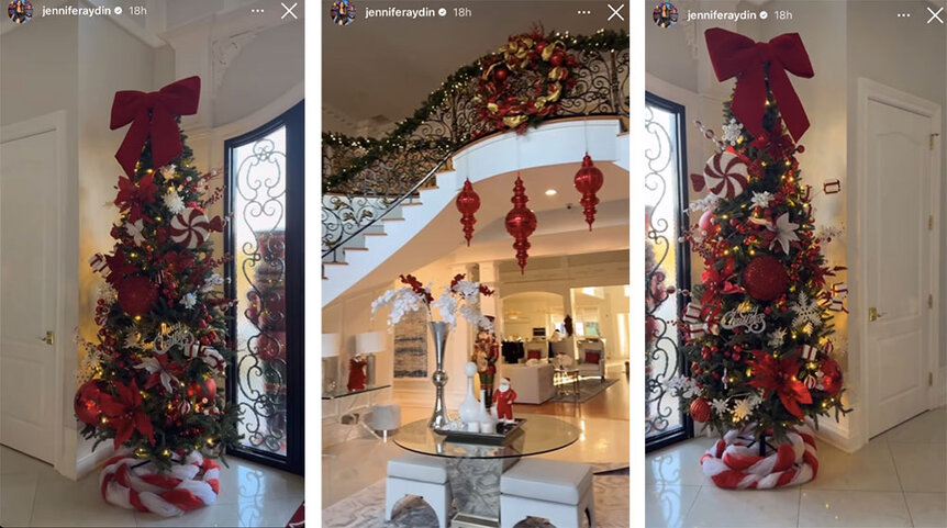 A split of Jennifer Aydin's home holiday decor featuring Christmas trees, wreaths, and large ornaments.