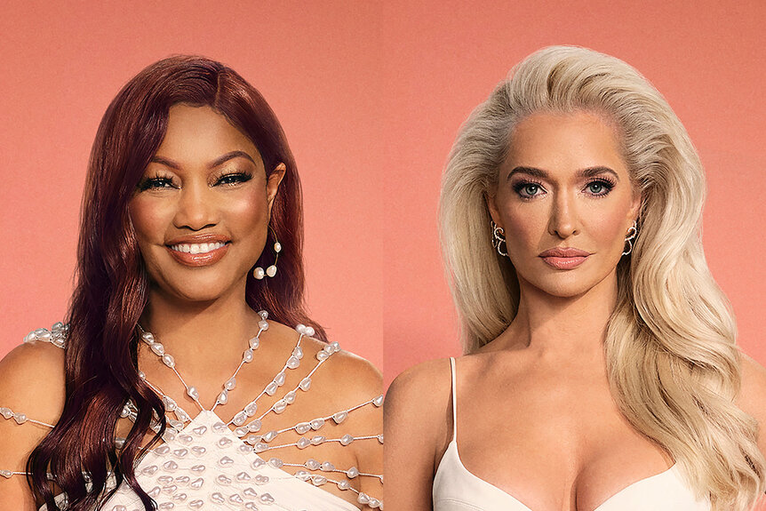 Split of Garcelle Beauvais and Erika Jayne wearing white dresses in front of an orange backdrop.