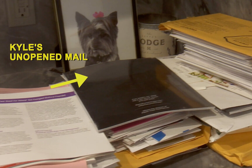 Kyle Richards's unopened mail sits on a table with a picture of her dog.
