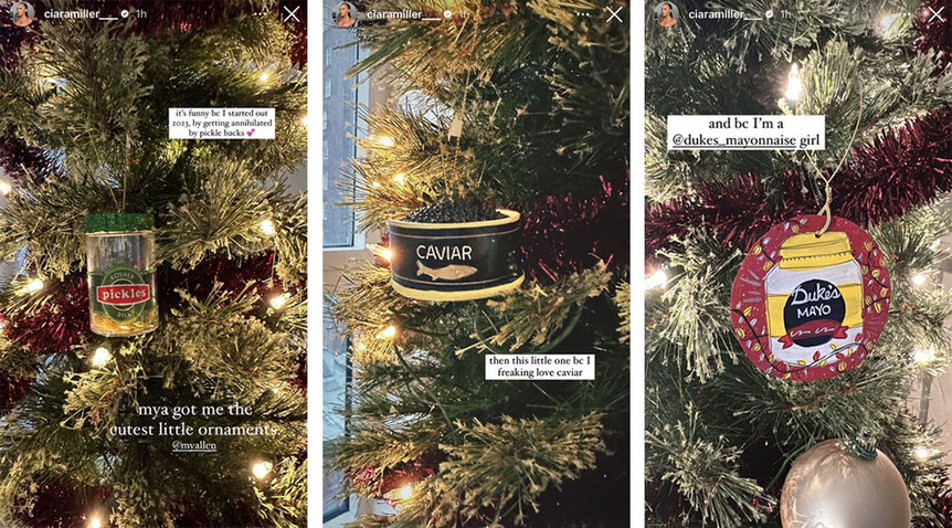 A split of Ciara Miller's food-themed Christmas tree ornaments including pickles, caviar, and mayonnaise.