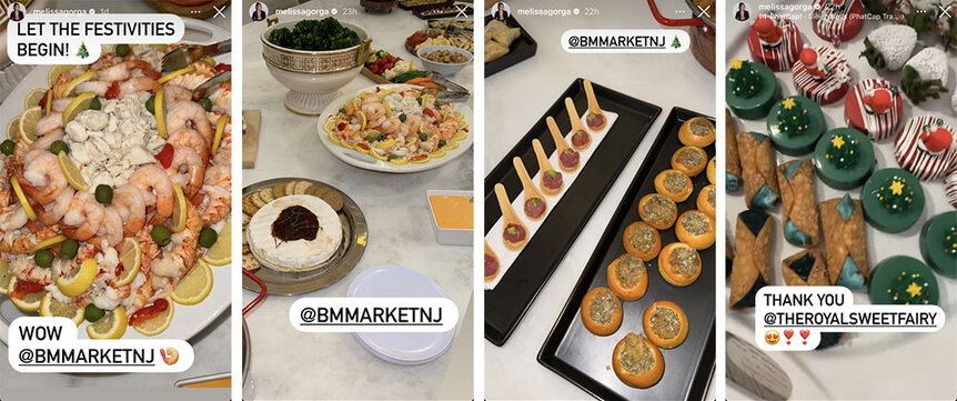 A split of Melissa Gorga's holiday spread featuring appetizers, entrees, and desserts.