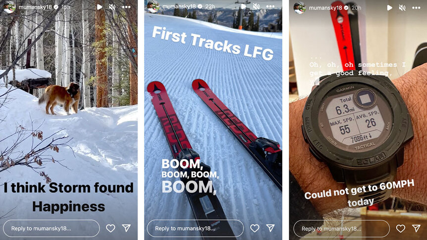 A Split of Mauricio Umansky's trip to Aspen; His dog in the snow, skis on the snow, and his skiing speed.