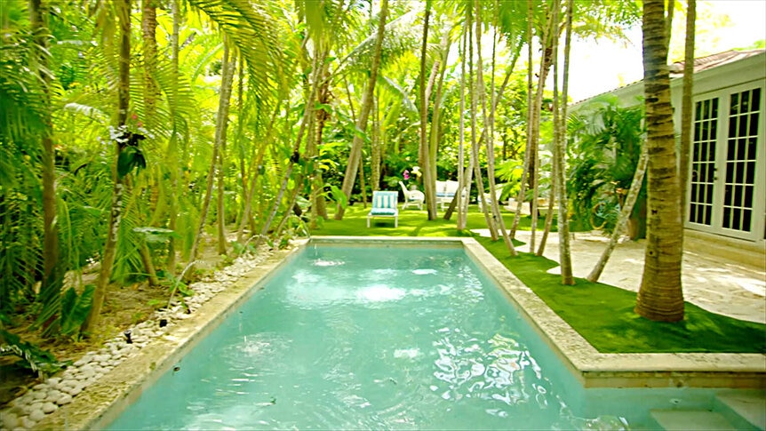 Adriana De Moura's backyard featuring a pool, seating, and palm trees.