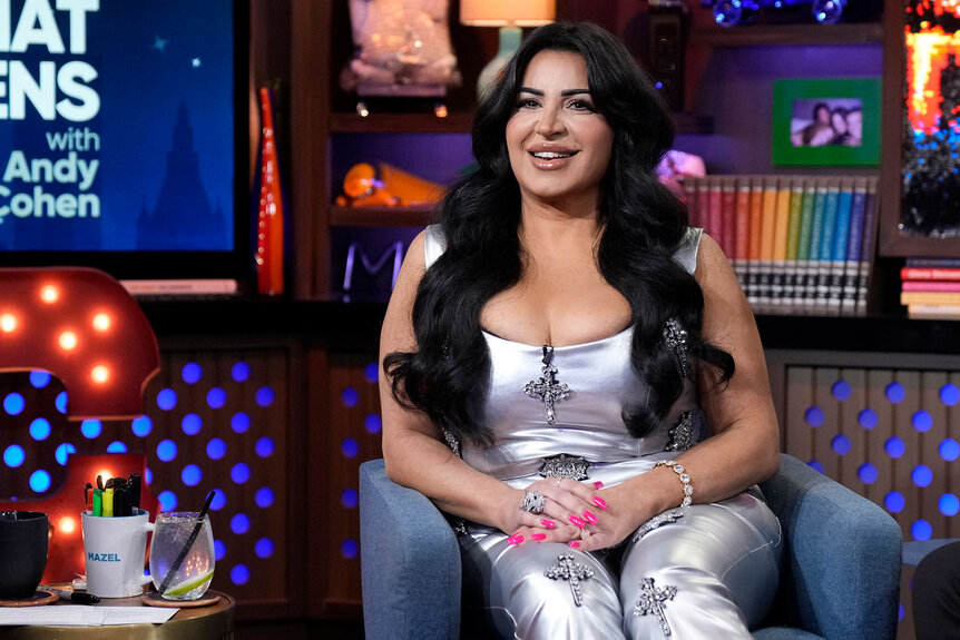 Mercedes Javid wearing a silver outfit at the Watch What Happens Live clubhouse.