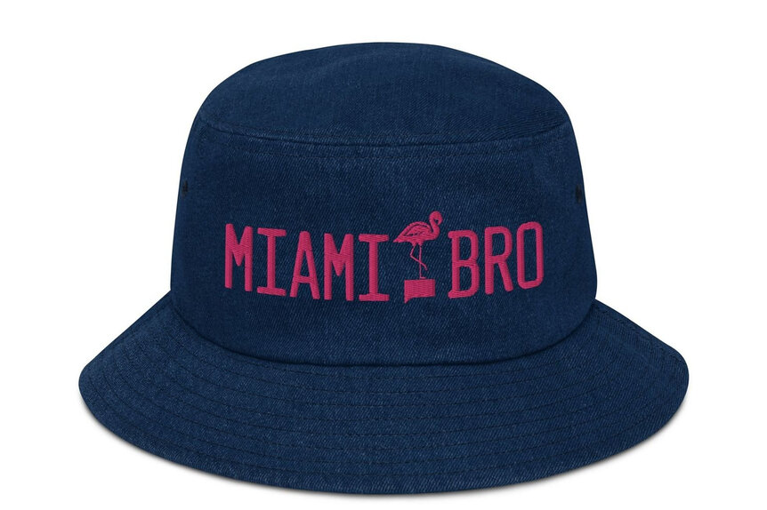 A denim bucket hat that says "Miami Bro"