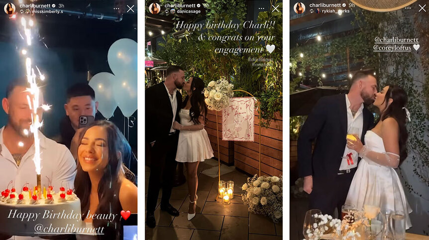 A series of photos of Charli Burnett wearing a little white dress to celebrate her birthday and engagement to fiancé Corey Loftus.