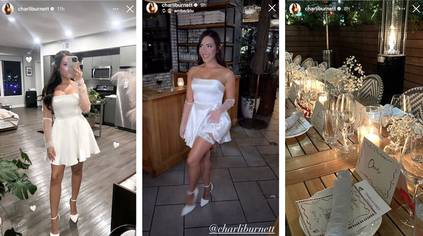 A series of photos of Charli Burnett wearing a little white dress to celebrate her birthday and engagement.