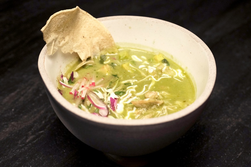 Top Chef episode 1 winning dish Chicken Pozole made by Manny Barella